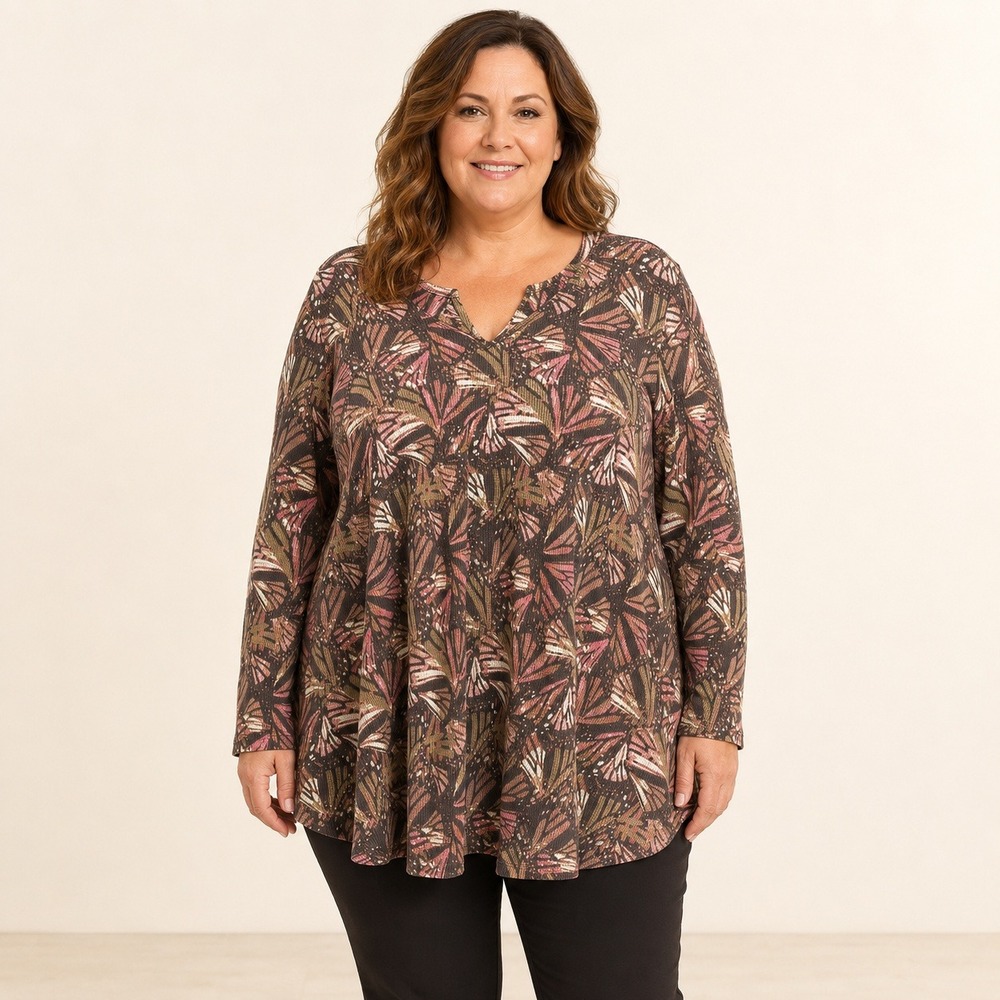 Roaman's Women's 22/24 Brown Leaf Print Thermal Knit Long Sleeve Tunic Top